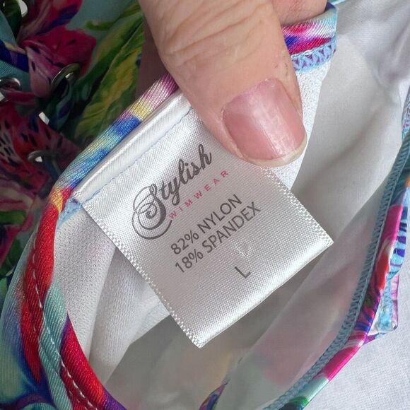 Stylish Swimwear Triangle Top Tie Side Tropical Pattern Deep V Swimsuit Sz LG - Picture 7 of 10